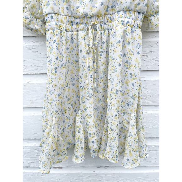 Mi Ami Dress Medium Yellow Chiffon Sheer Floral Ruffle Mini Cottage Bloused - Picture 4 of 6